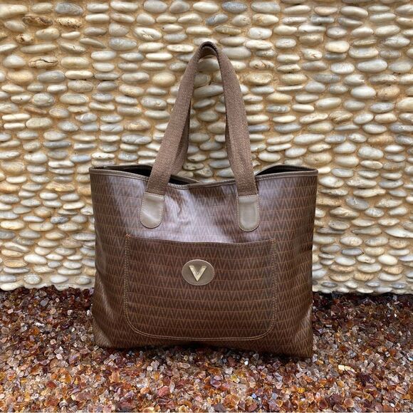 Mario Valentino Brown Signature Print Tote/Shoulder Bag PVC x Leather. VGUC! - Picture 3 of 15